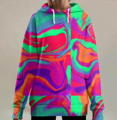 Яркое жидкое смешение зелёного красного фиолетового цвета, Hoodie Long Oversize 3D