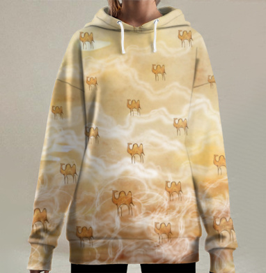 Минималистичный дизайн с верблюдами в пустыне, Hoodie Long Oversize 3D