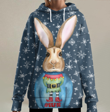 Кролик в праздничном свитере с эльфом #ELFIE, Hoodie Long Oversize 3D