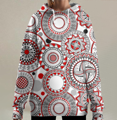 Круги узорчатые - красный, Hoodie Long Oversize 3D