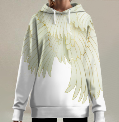 Белоснежные крылья птиц с золотыми контурами легкость свобода, Hoodie Long Oversize 3D