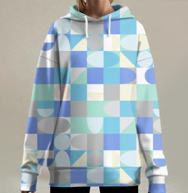Абстрактные геометрические формы в голубых тонах и балансе цветов, Hoodie Long Oversize 3D