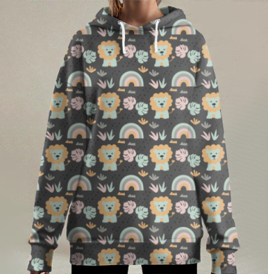 Милые африканские львы радуга листья детские, Hoodie Long Oversize 3D