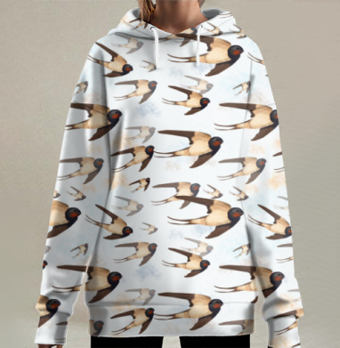 Стая ласточек в небе летящих на фоне небесного цвета, Hoodie Long Oversize 3D