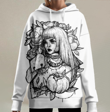 Девушка с чокером и цветочной дотворк иллюстрацией, Hoodie Long Oversize 3D