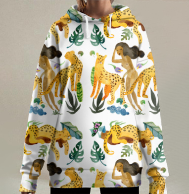 Девушка среди леопардов и зелёных листьев, Hoodie Long Oversize 3D