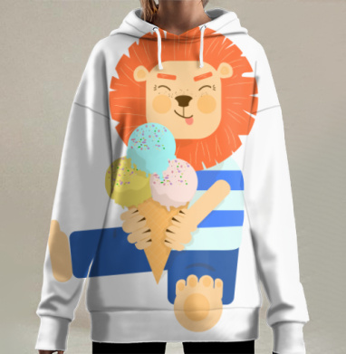 Довольный лев в тельняшке ест мороженое яркий летний отдых, Hoodie Long Oversize 3D