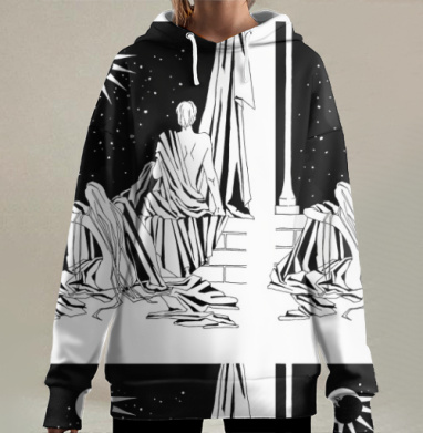 Ночная сцена с затмением в черно белых тонах на ступенях, Hoodie Long Oversize 3D