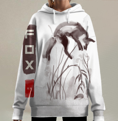 Акварельная лиса в прыжке над травой, Hoodie Long Oversize 3D