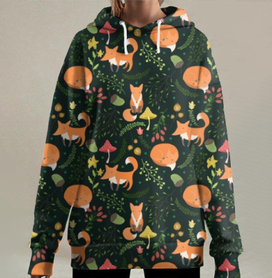 Уютный узор с лисицами и лесной флорой, Hoodie Long Oversize 3D