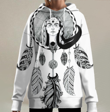Мистическое женское лицо с перьями и духовной силой, Hoodie Long Oversize 3D