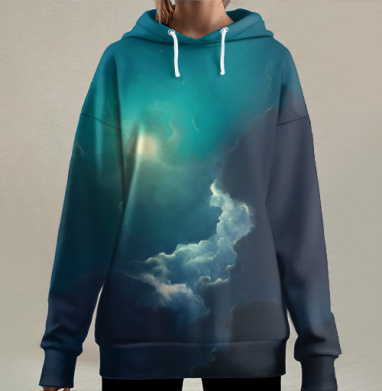 Ночное Светящееся Небо с Облаками Туманными, Hoodie Long Oversize 3D