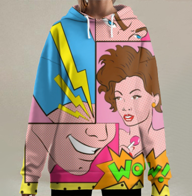 Динамичный поп-арт взрыв эмоций WOW!, Hoodie Long Oversize 3D