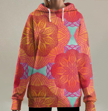 Яркий орнаментальный узор Мандала в теплых тонах, Hoodie Long Oversize 3D