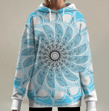 Спиральный орнамент с голубыми листьями в динамике, Hoodie Long Oversize 3D