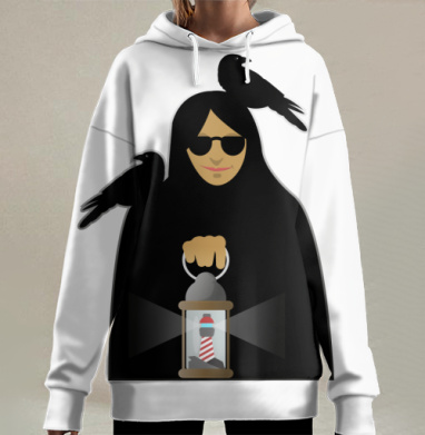 Черная женщина с воронами и маяком держит фонарь, Hoodie Long Oversize 3D