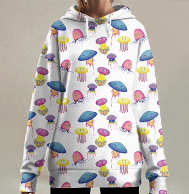 Весёлые мультяшные медузы в ярких цветах, Hoodie Long Oversize 3D