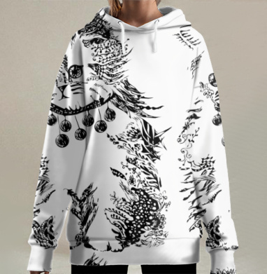 Милый котенок в стилистике зенарт нежный черно белый рисунок, Hoodie Long Oversize 3D