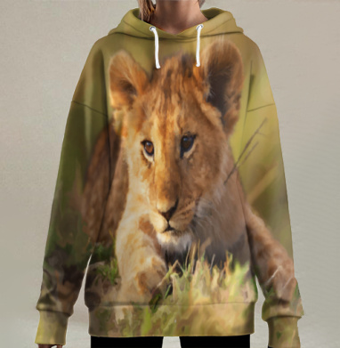 Любопытный львенок в травяной глади, Hoodie Long Oversize 3D