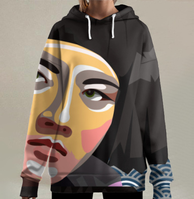 Задумчивая Девушка с Чёрными Волосами в Рефлексивном Взгляде, Hoodie Long Oversize 3D