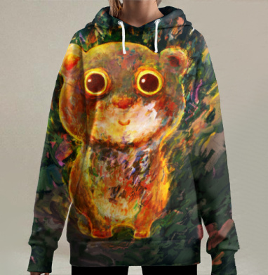 Тёплый очаровательный мишка с большими глазами стоит, Hoodie Long Oversize 3D