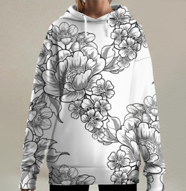 Черно-белая графичная иллюстрация цветов, Hoodie Long Oversize 3D