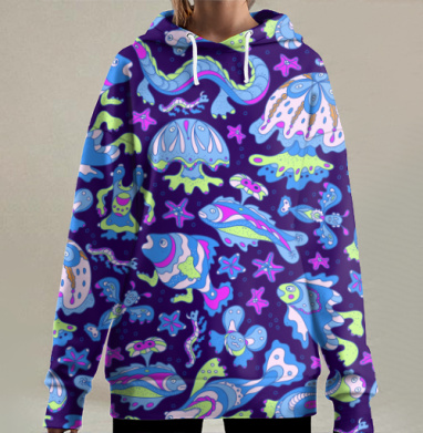 Детский текстиль с ярким морским принтом, Hoodie Long Oversize 3D