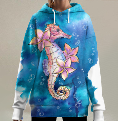 Морской конек с цветами плюмерии в океане акварелью, Hoodie Long Oversize 3D