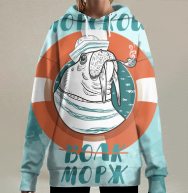 Морж в морском стиле с капитанской шапкой, Hoodie Long Oversize 3D