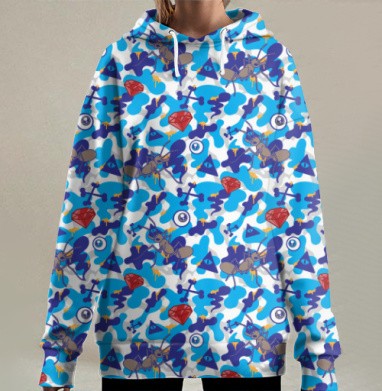 Яркий сюрреалистичный паттерн с муравьями и камнями, Hoodie Long Oversize 3D