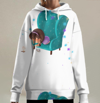 Девочка с огоньком в кресле уютное волшебство рядом, Hoodie Long Oversize 3D