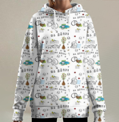 Мультяшные ёжики тележка птички на дачу, Hoodie Long Oversize 3D