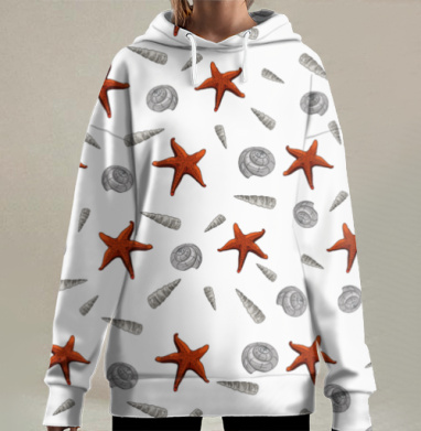 Морская звезда ракушки надпись легкая умиротворенность, Hoodie Long Oversize 3D