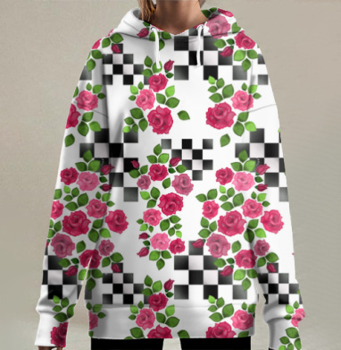 Красные Розы С Зеленой Листовой На Черно Белом фоне, Hoodie Long Oversize 3D