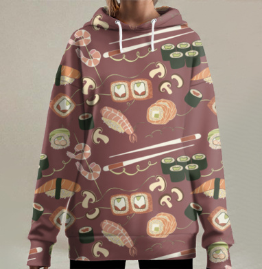 Изысканный японский узор с суши и роллами, Hoodie Long Oversize 3D