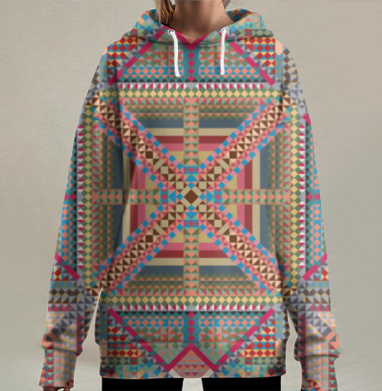 Геометрический Этнический Орнамент с Мозаичными Треугольниками, Hoodie Long Oversize 3D