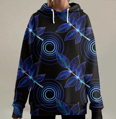 Неоновые синие листья с кругами в динамике фантастическое зрелище, Hoodie Long Oversize 3D