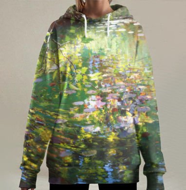 Зеленые листья отражения воды нежные цветы воды, Hoodie Long Oversize 3D