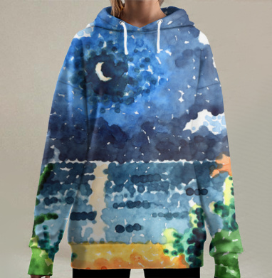 Ночной пейзаж в стиле пуантилизм, морской пейзаж, Hoodie Long Oversize 3D