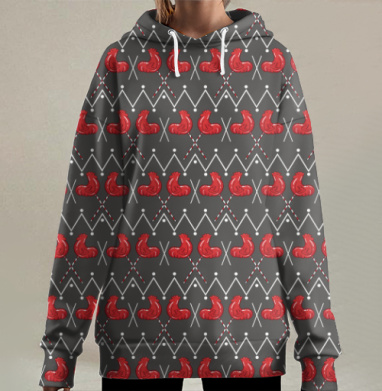Новогодний паттерн с петушками, Hoodie Long Oversize 3D