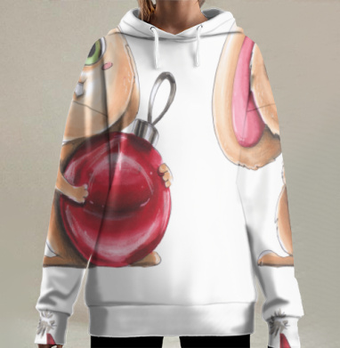 Забавный милый заяц с красным шаром новогодним, Hoodie Long Oversize 3D