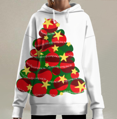 Красная зелёная ёлка с жёлтыми звёздами зимнего волшебства, Hoodie Long Oversize 3D