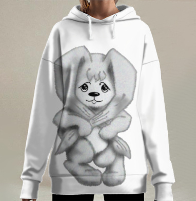 Маленький пушистый обиженный зайчик на лужайке, Hoodie Long Oversize 3D