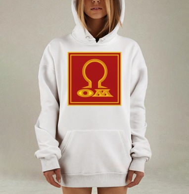Красный квадрат с жёлтым символом омега и буквами O M, Hoodie Mjhigh Dig, оверсайз, утепленная
