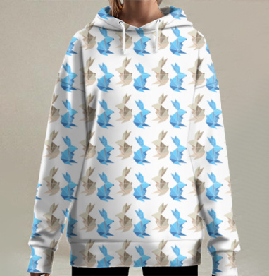 Оригами Зайчики Голубой Бежевый на сером фоне, Hoodie Long Oversize 3D