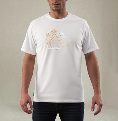 Сюрреалистичное дерево роняет рыжих птиц словно падающие осенние листья, Футболка мужская REGULAR белая