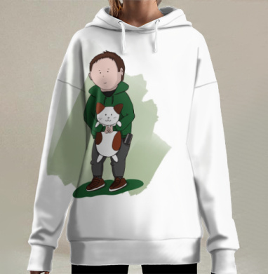 Мальчик с мягкой игрушкой кота в темно зеленой толстовке, Hoodie Long Oversize 3D