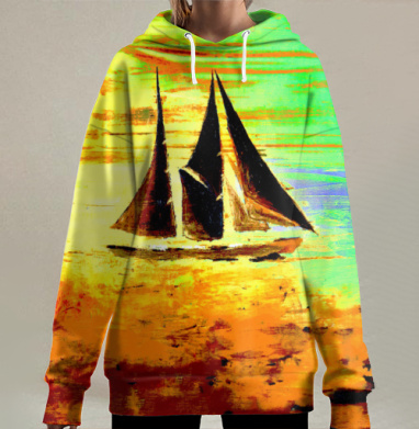 Парусная яхта на закате вечернее море спокойствие, Hoodie Long Oversize 3D