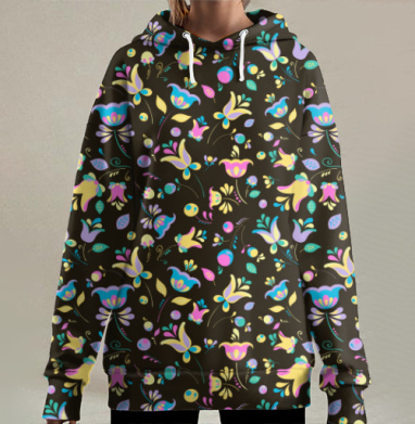 Пастельные цветы на черном, Hoodie Long Oversize 3D