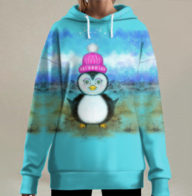Пухлый маленький пингвинёнок в яркой шапке гуляющий по полю, Hoodie Long Oversize 3D
